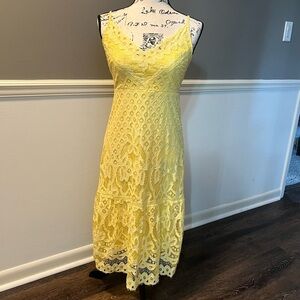 Lush Clothing Yellow Lace Spaghetti Strap Midi Dress